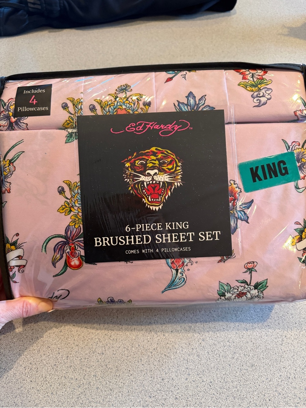 NEW Ed Hardy 6-Piece Brushed Sheet Set King Pink Flower Tattoo Polyester Soft